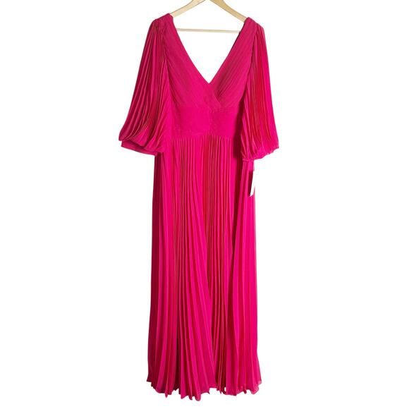 Teri Jon by Rickie Freeman Fuchsia Chiffon Pleated V-Neck Long Sleeve Gown 18 - Picture 6 of 16